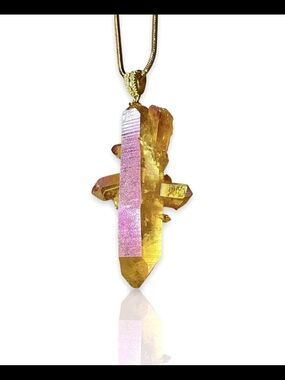 Citrus Blossom Aura Quartz Crystal Pendant Necklace Pink and Gold